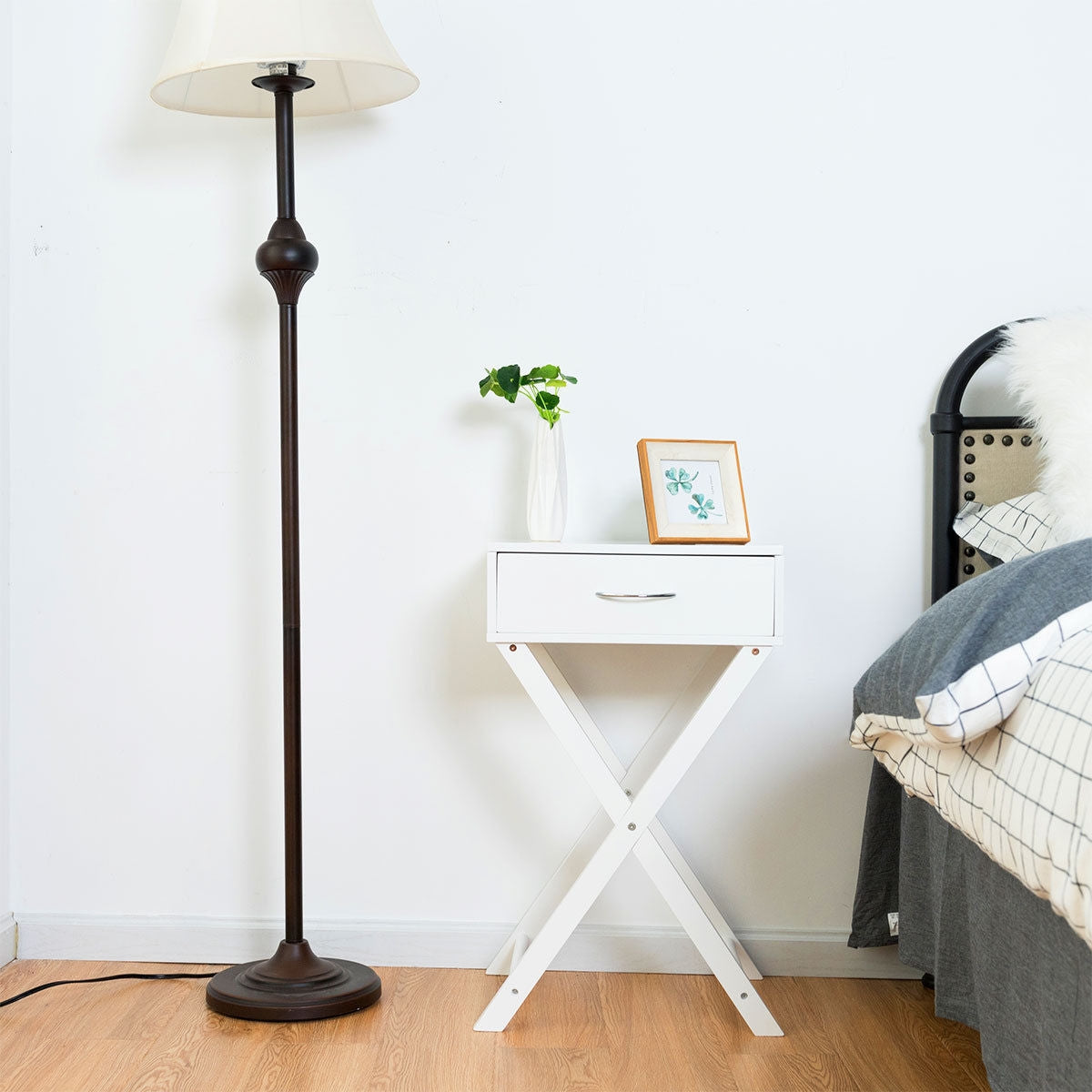 Design Sofa Side Table with X-Shape Drawer for Living Room Bedroom-White - White