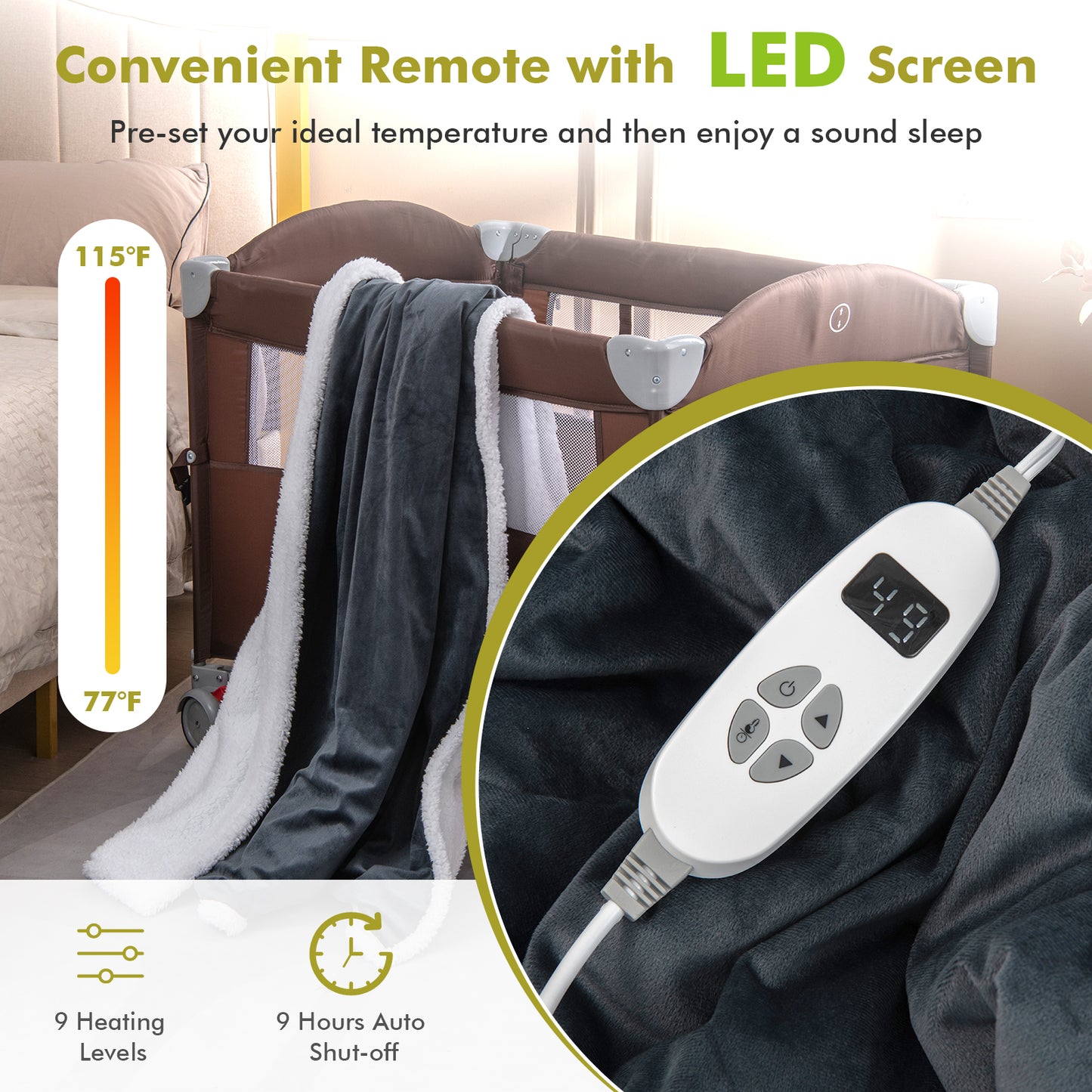 Heated Electric Blanket Throw with 10 Heat Levels-Gray
