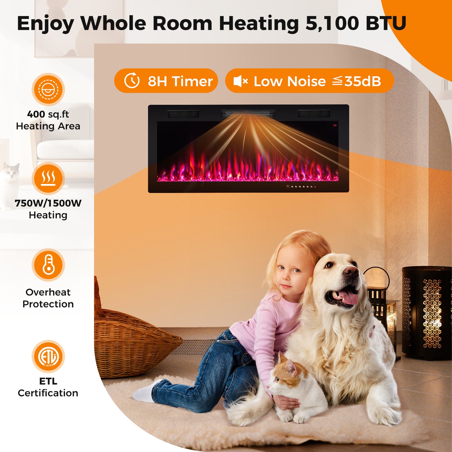 Electric Fireplace 40/50/60 Inches Recessed and Wall Mounted for 2' x 6' Stud