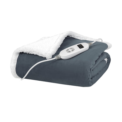Electric Heated Blanket Throw Reversible Flannel and Sherpa Blanket-Gray