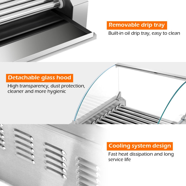 Stainless Steel 11-Roller Hot Dog Cooker, Holds 30 Hot Dogs