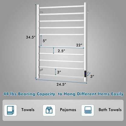 10 Bar Towel Warmer Wall Mounted Electric Heated Towel Rack with Built-in Timer-Silver