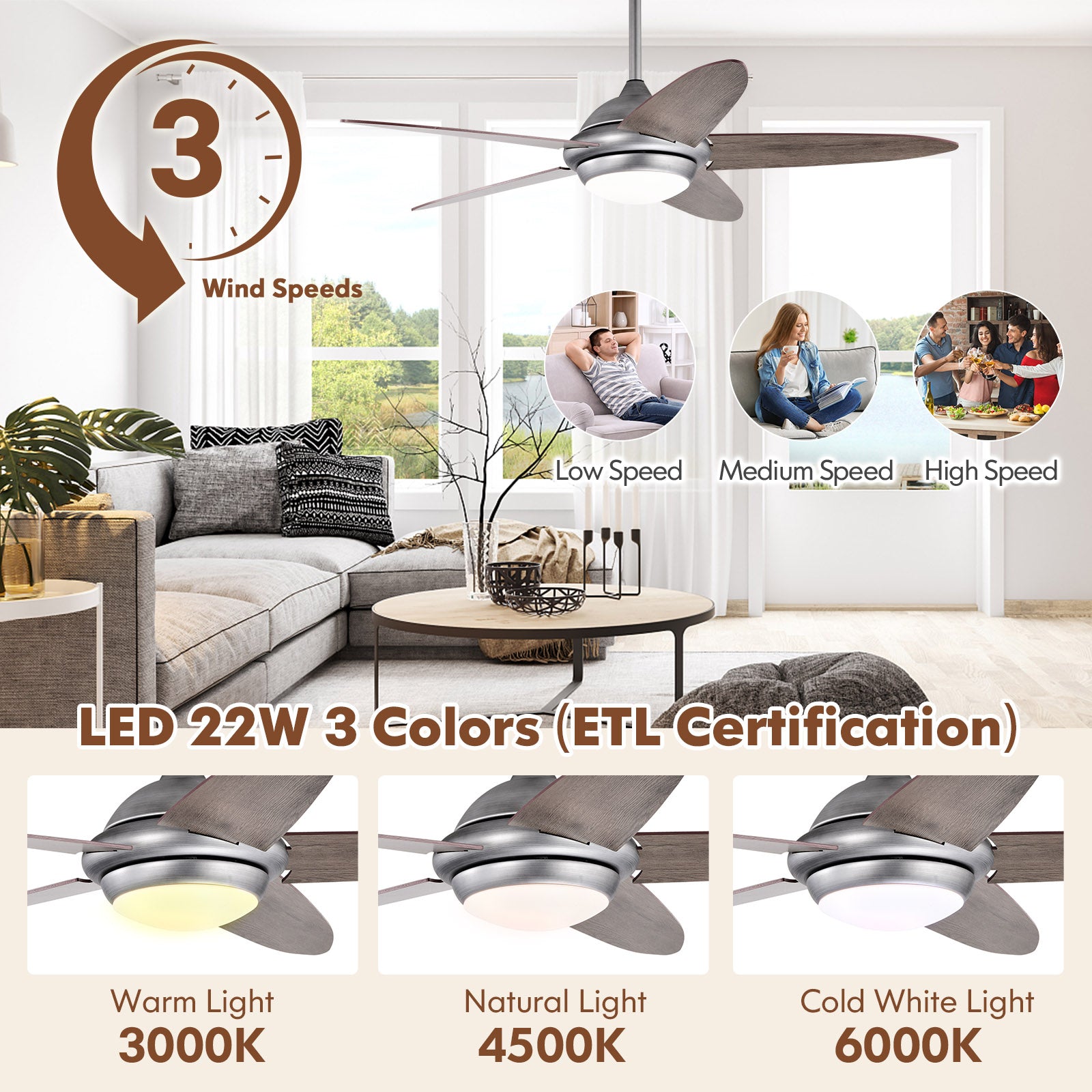 52 Inch Ceiling Fan with Lights and 3 Lighting Colors-White - Silver Gray