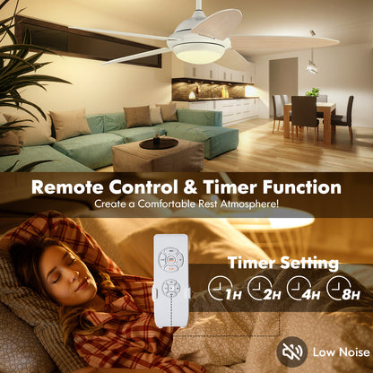 52 Inch Ceiling Fan with Lights and 3 Lighting Colors-White - White