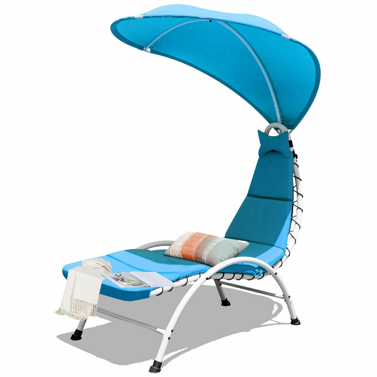 Patio Hanging Swing Hammock Chaise Lounger Chair with Canopy-Beige - Blue