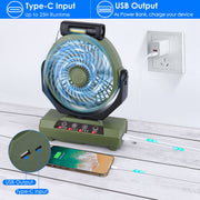 20000mAh Rechargeable Oscillating Camping Fan with Flashlight