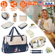 11Pcs Baby Nappy Diaper Bags Set for Mom Dad Mummy Shoulder Bags Multifunctional Diaper Handbags with Food Bag Bottle Bag Diaper Pad Burp Cloth 2 Hook