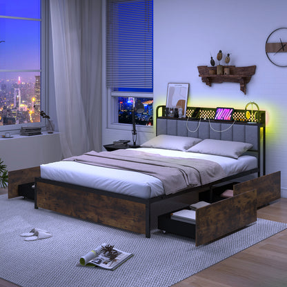 Twin/Full/Queen Bed Frame with LED Lights Upholstered Headboard and 4 Storage Drawers