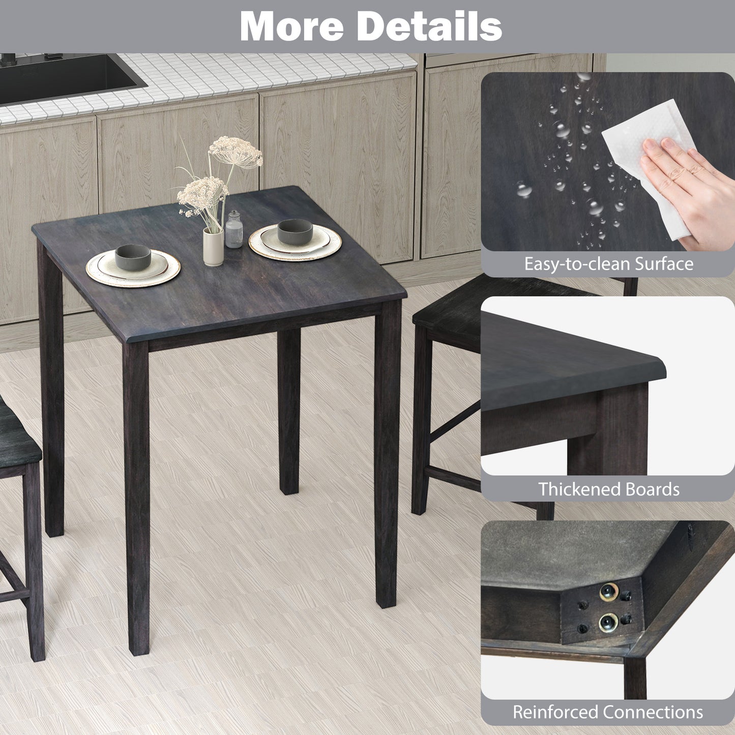 Square Dining Table with Solid Wood Frame for 4-Person-Gray