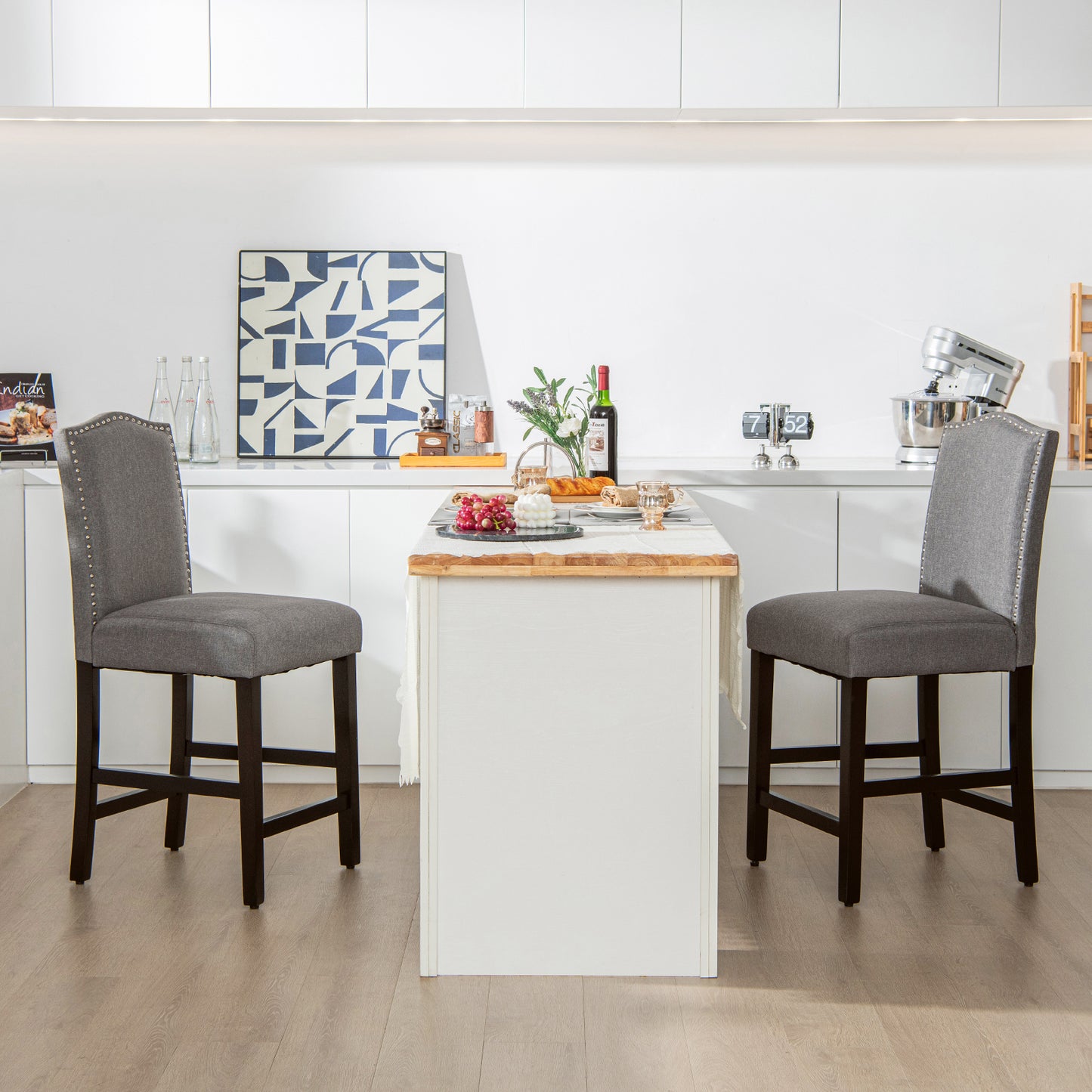 2 Pcs Fabric Nail Head Counter Height Dining Side Chairs Set-Gray