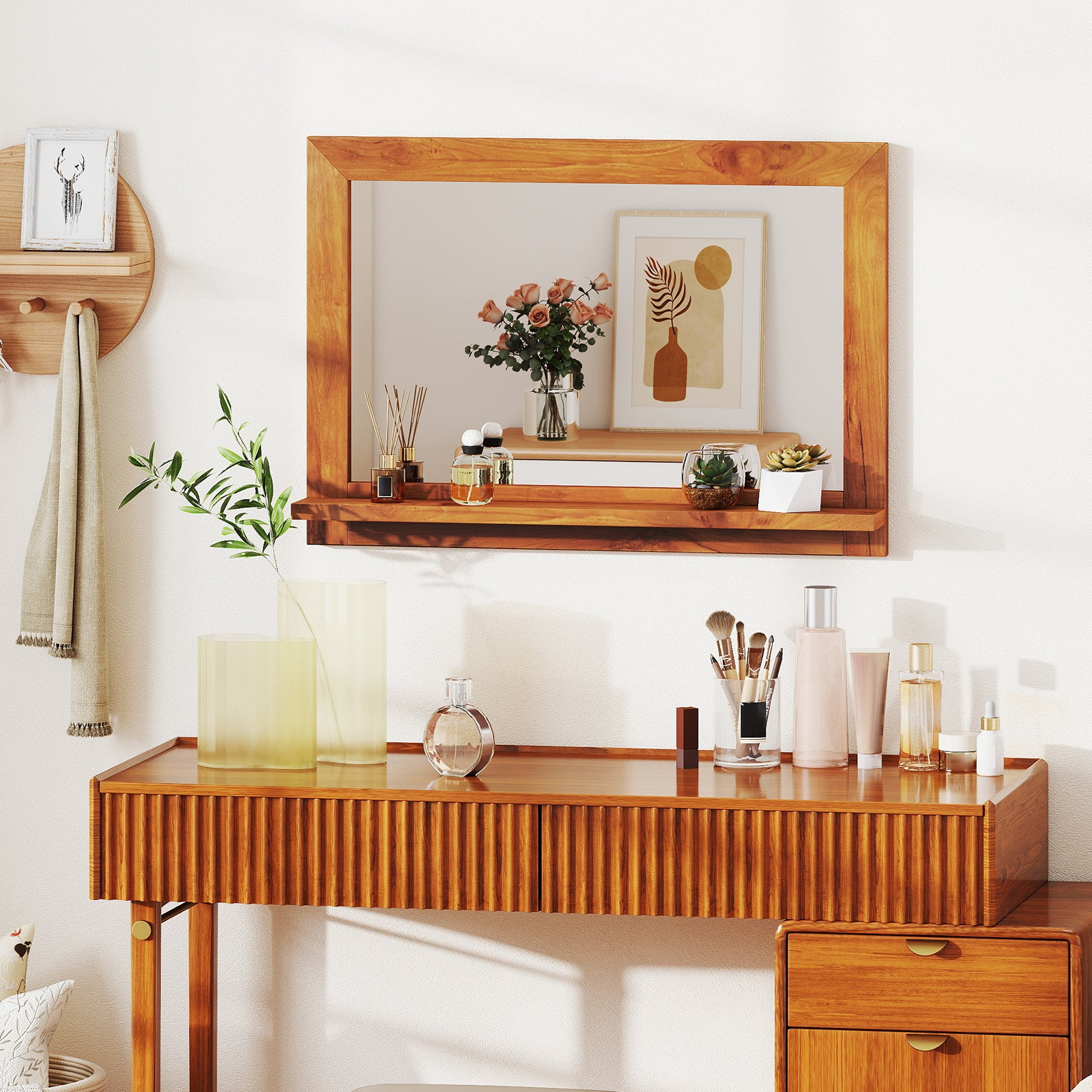 Farmhouse Wall Mirror with Shelf and Teak Wood Frame