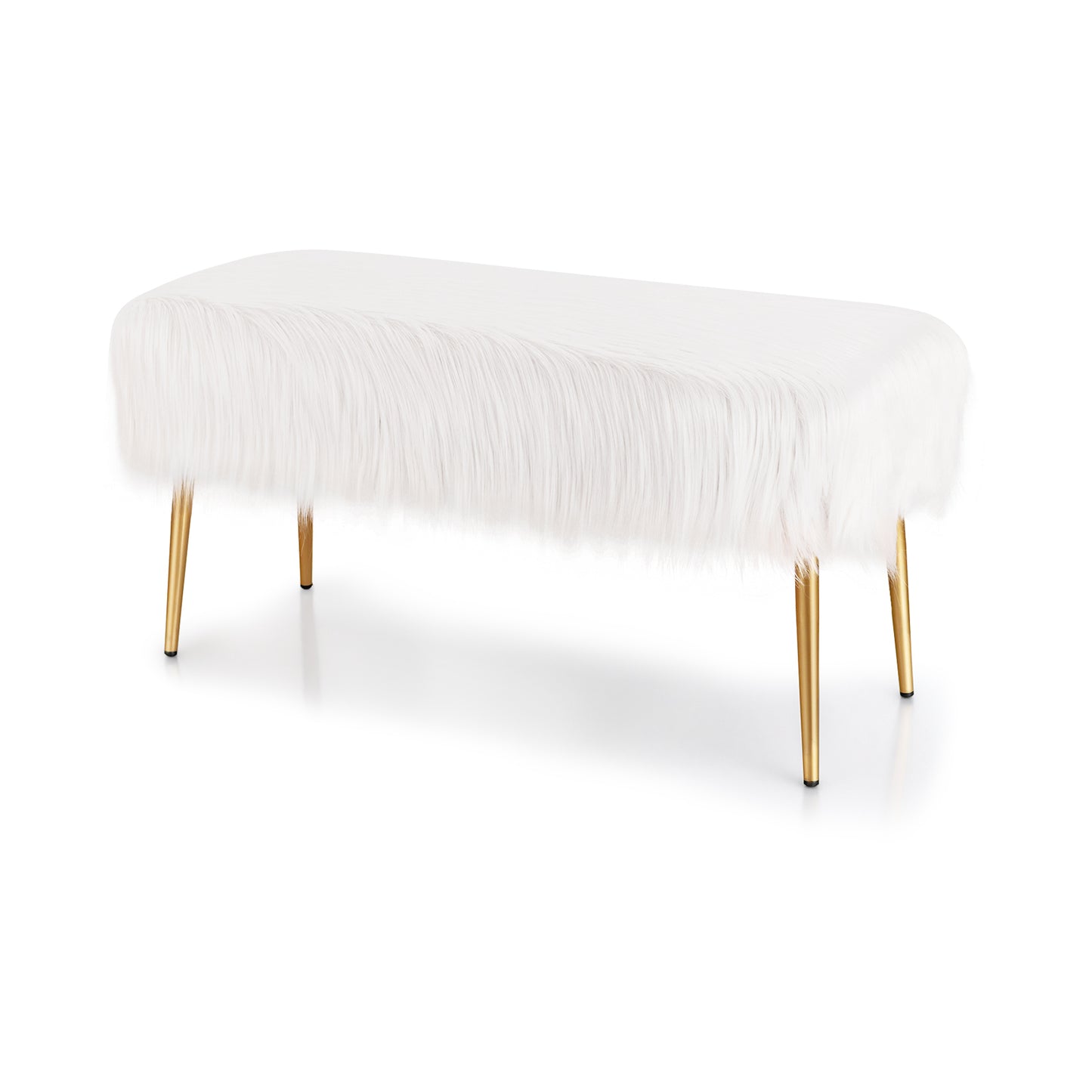 Upholstered Faux Fur Vanity Stool with Golden Legs for Makeup Room-White