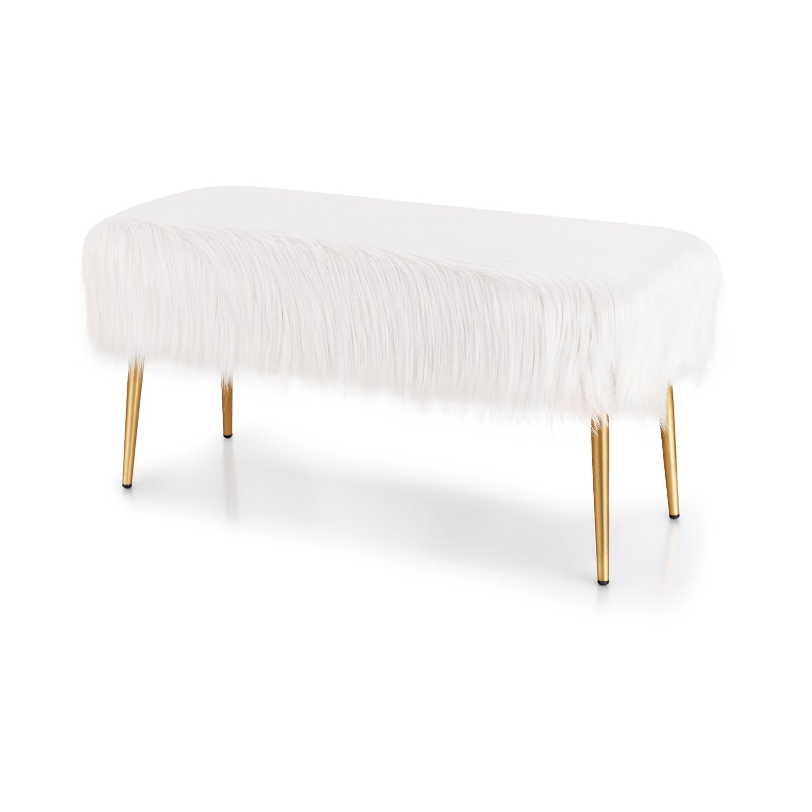 Upholstered Faux Fur Vanity Stool with Golden Legs for Makeup Room-White
