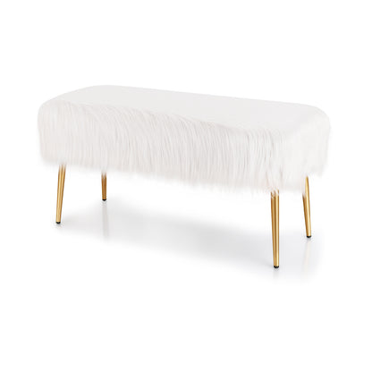 Upholstered Faux Fur Vanity Stool with Golden Legs for Makeup Room-White