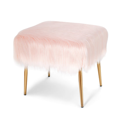 Faux Fur Vanity Stool with Golden Metal Legs for Makeup Room-Pink