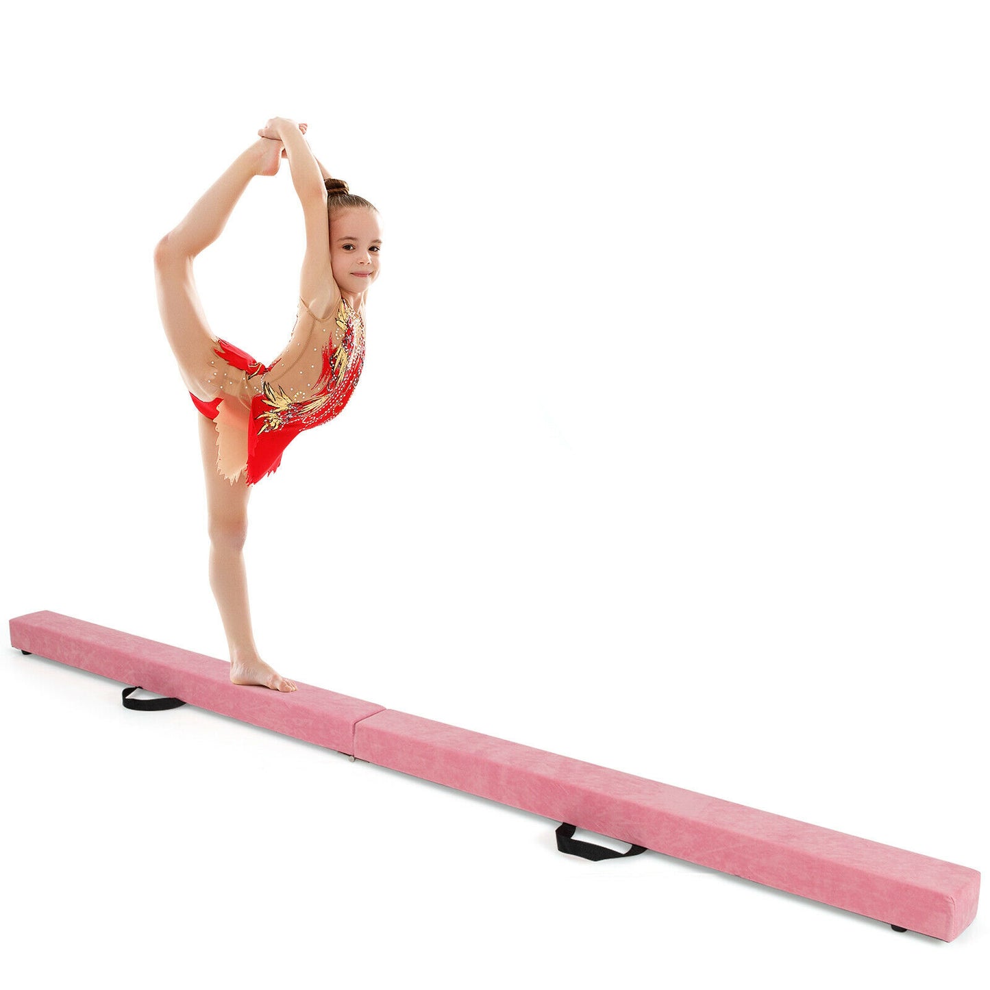 7 Feet Folding Portable Floor Balance Beam with Handles for Gymnasts-Brown - Pink