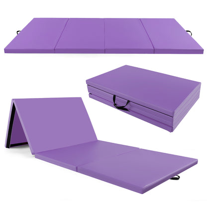 4-Panel PU Leather Folding Exercise Mat with Carrying Handles-Blue - Purple