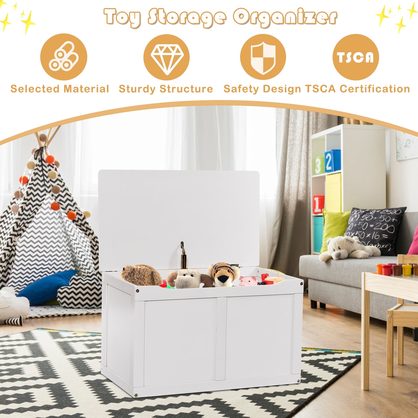 Safety Hinge Wooden Chest Organizer Toy Storage Box-White - White