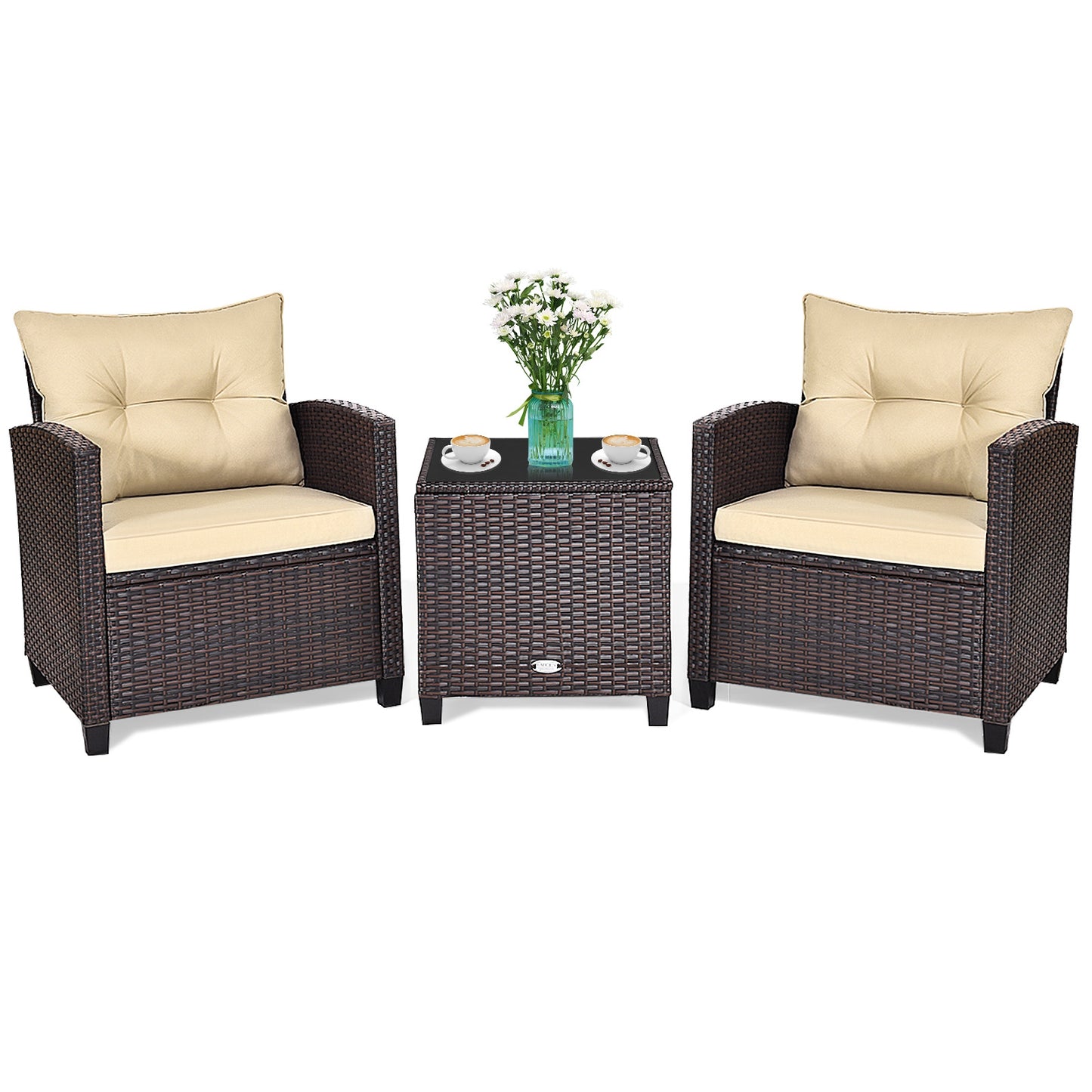 3 Pieces Rattan Patio Furniture Set with Washable Cushion-Beige & Turquoise - Beige
