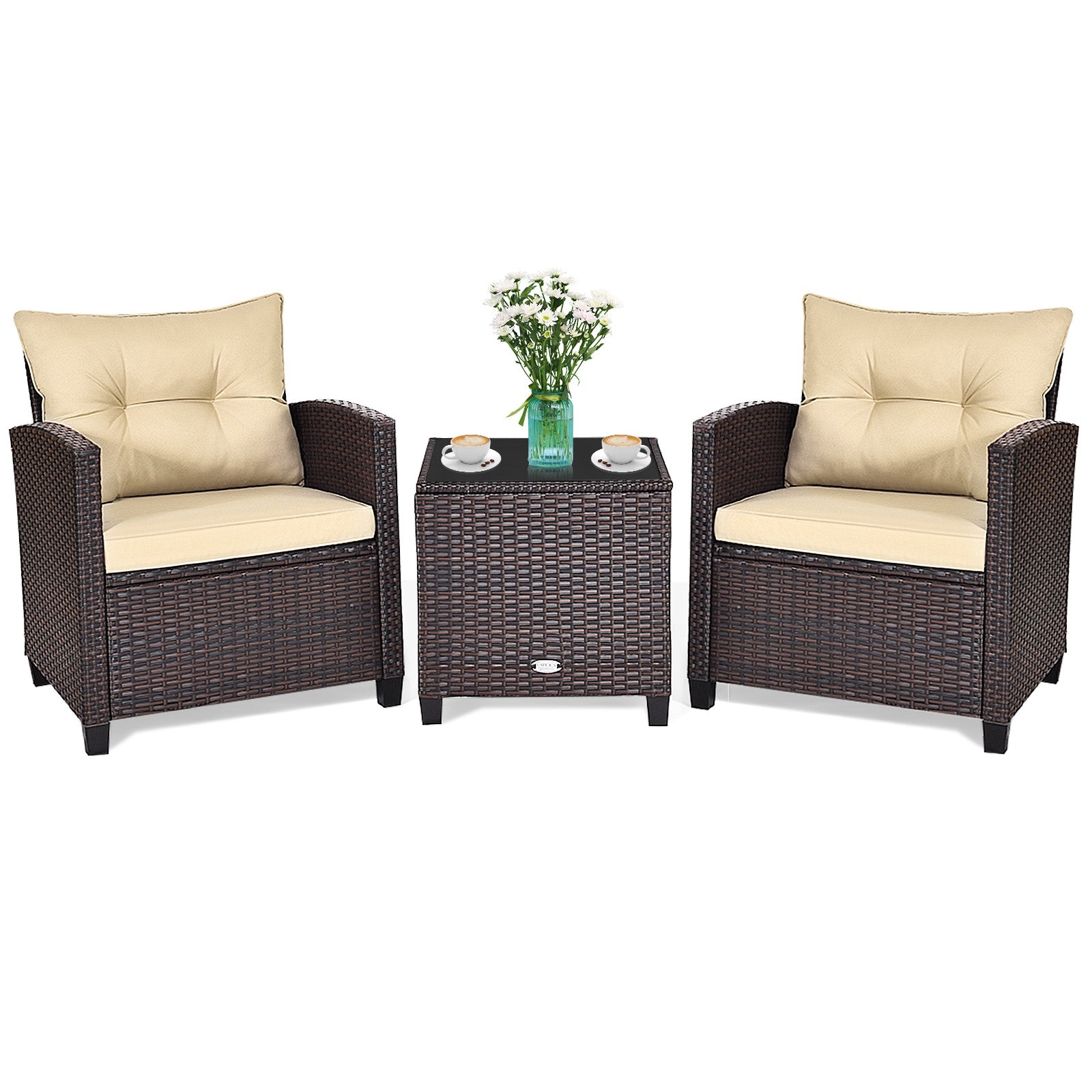 3 Pieces Rattan Patio Furniture Set with Washable Cushion-Beige & Turquoise - Beige