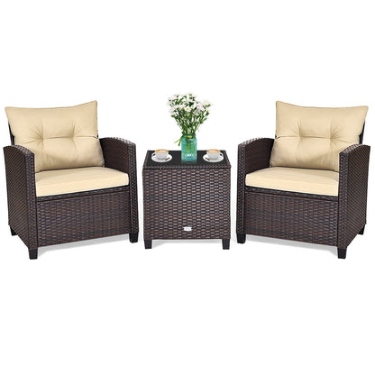3 Pieces Rattan Patio Furniture Set with Washable Cushion-Beige & Turquoise - Beige