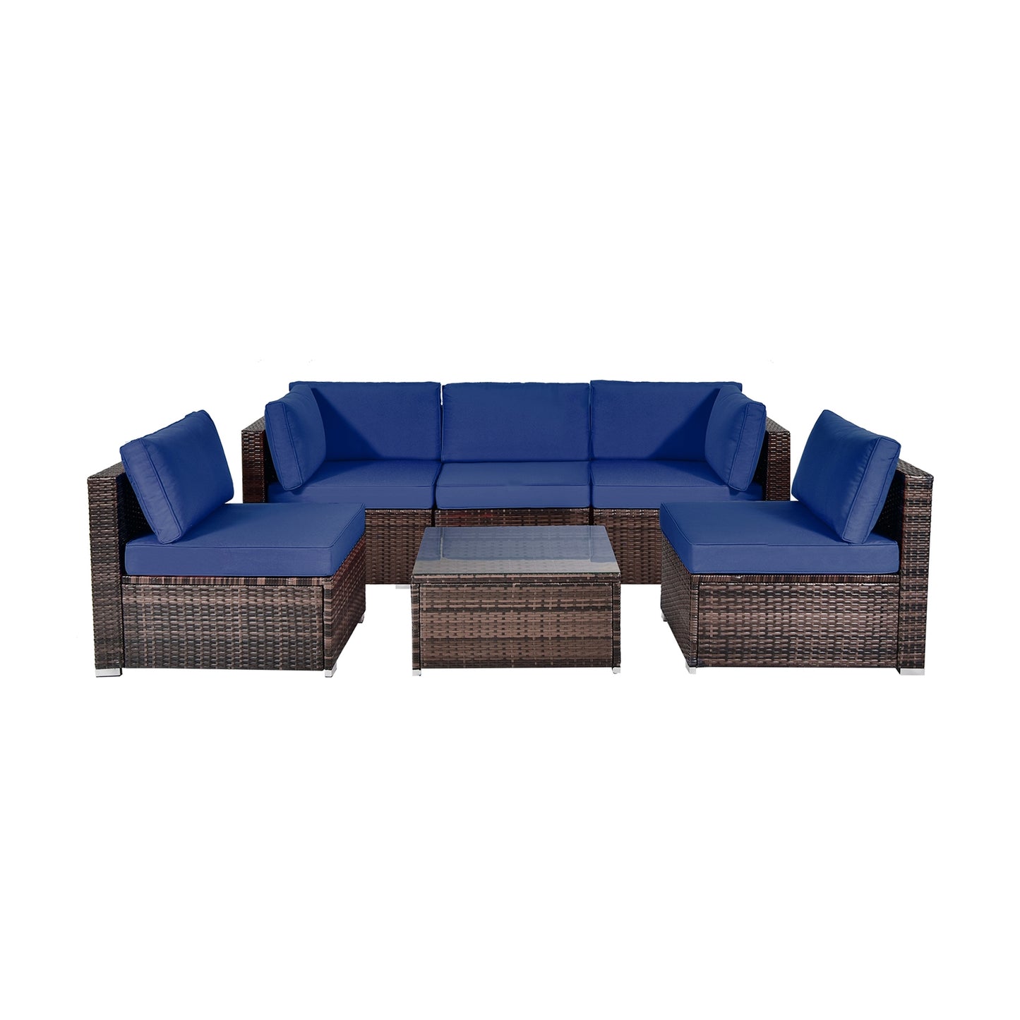 6 Pieces Patio Rattan Furniture Set with Cushions and Glass Coffee Table-White - Navy