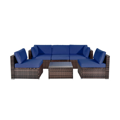 6 Pieces Patio Rattan Furniture Set with Cushions and Glass Coffee Table-White - Navy