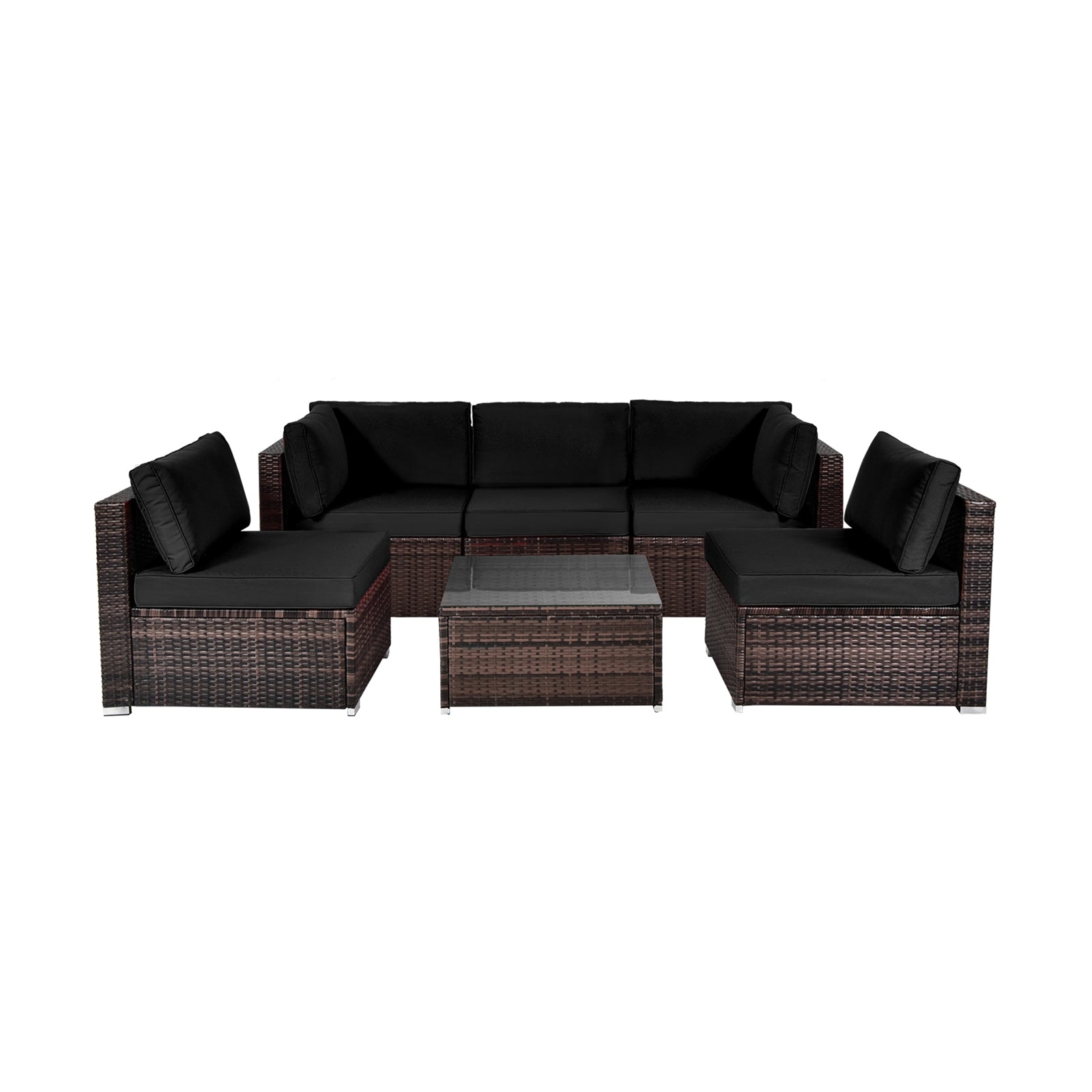 6 Pieces Patio Rattan Furniture Set with Cushions and Glass Coffee Table-White - Black