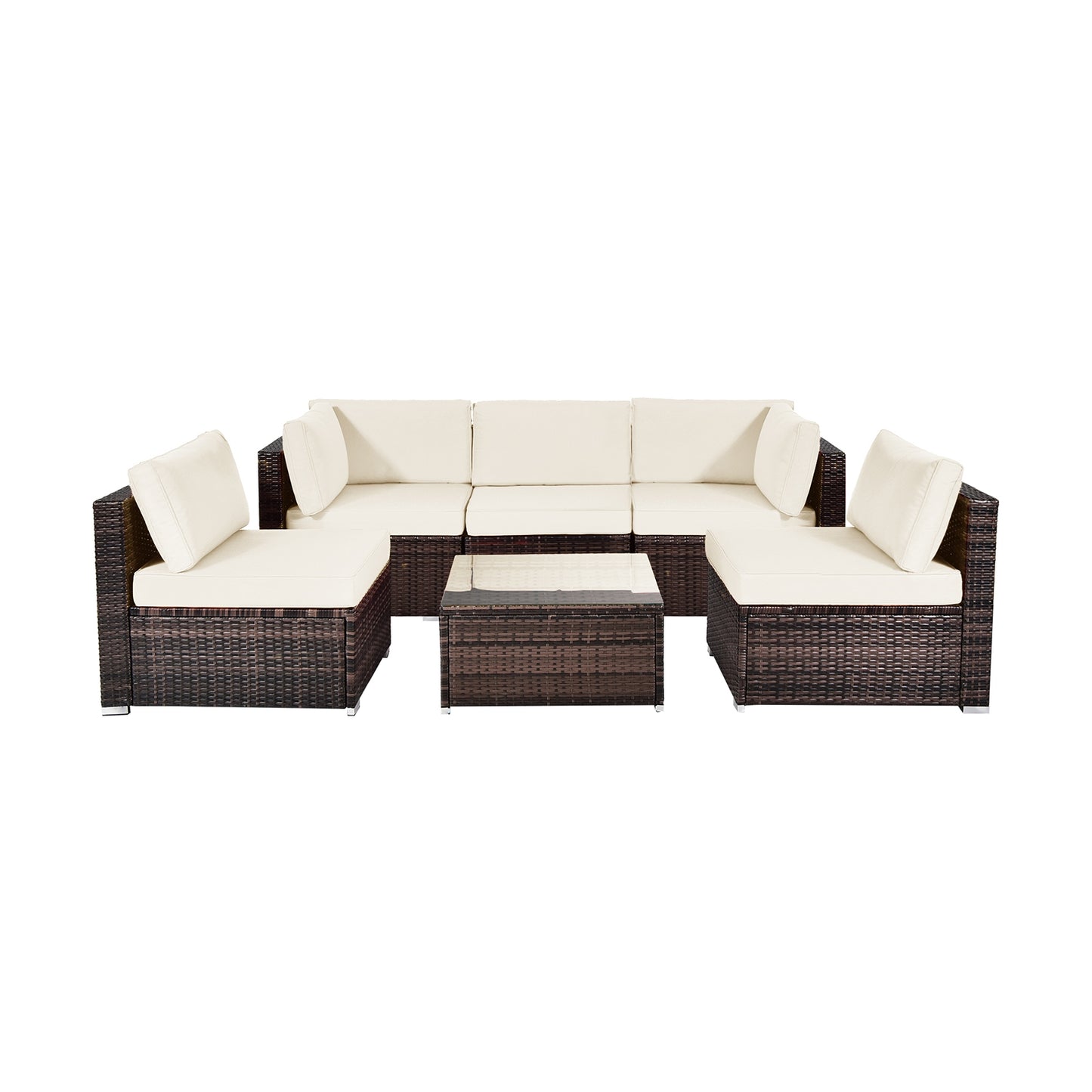 6 Pieces Patio Rattan Furniture Set with Cushions and Glass Coffee Table-White - White
