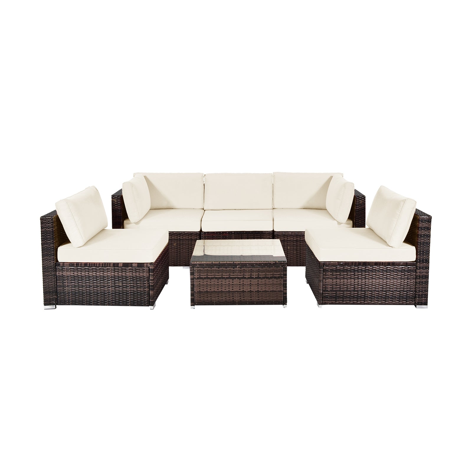 6 Pieces Patio Rattan Furniture Set with Cushions and Glass Coffee Table-White - White