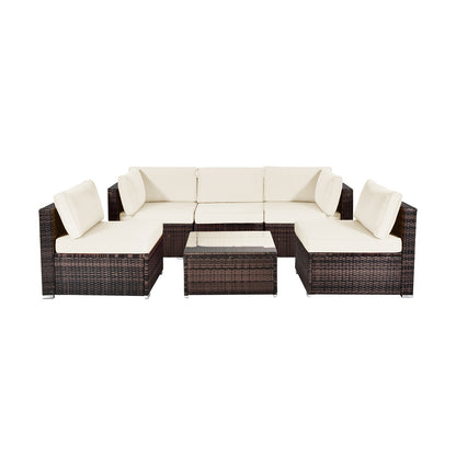 6 Pieces Patio Rattan Furniture Set with Cushions and Glass Coffee Table-White - White