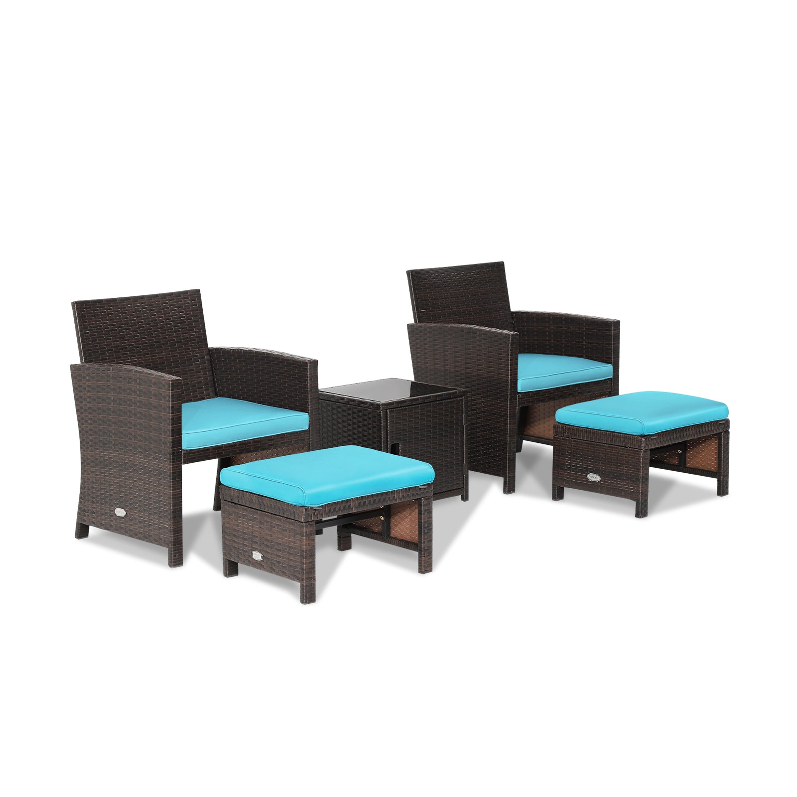 5 Pieces Patio Rattan Furniture Set with Ottoman and Tempered Glass Coffee Table-Turquoise - Turquoise