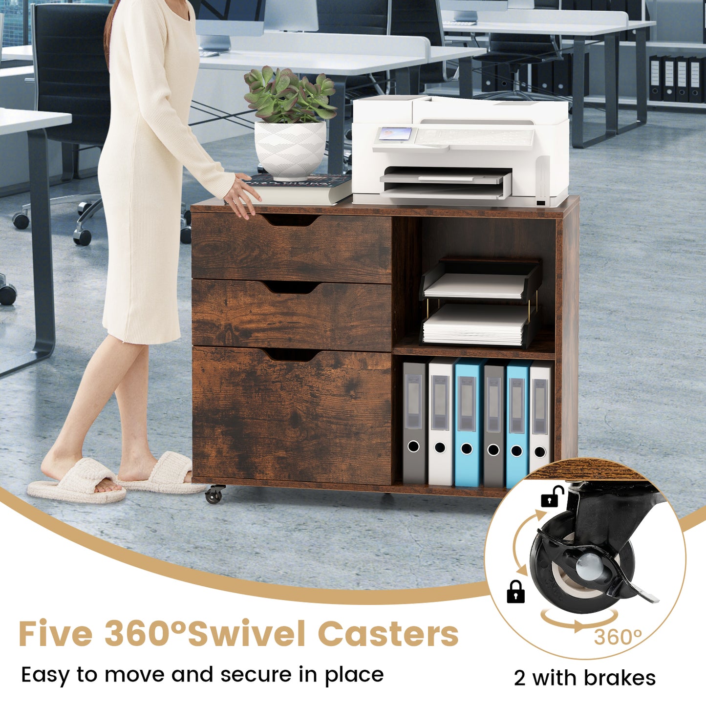 3-Drawer File Cabinet with Adjustable Shelf and Wheels for Letter