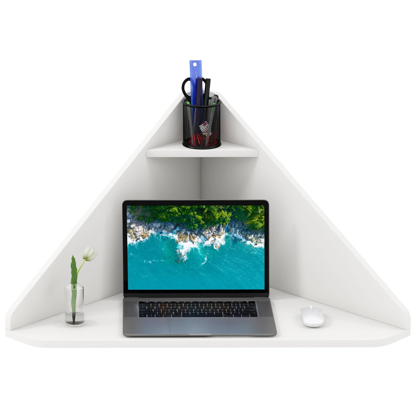 Floating Triangular Corner Computer Desk with Storage Shelf-White - White