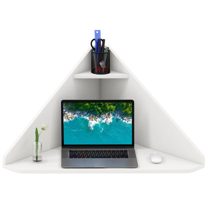 Floating Triangular Corner Computer Desk with Storage Shelf-White - White