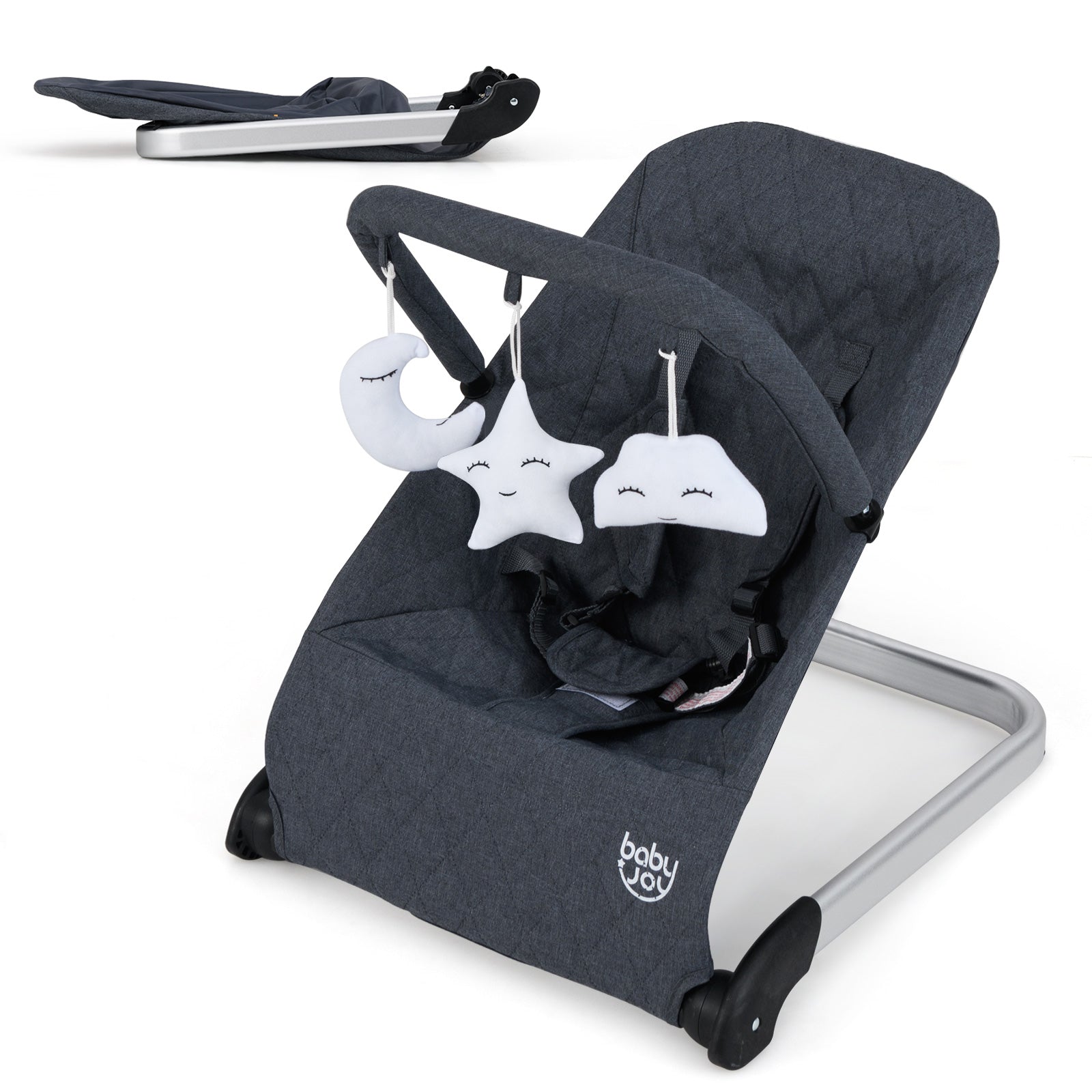 Foldable Baby Bouncer with Removable Fabric Cover and Toy Bar-Black - Black