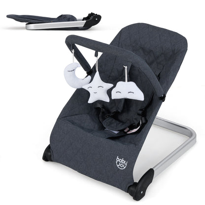 Foldable Baby Bouncer with Removable Fabric Cover and Toy Bar-Black - Black