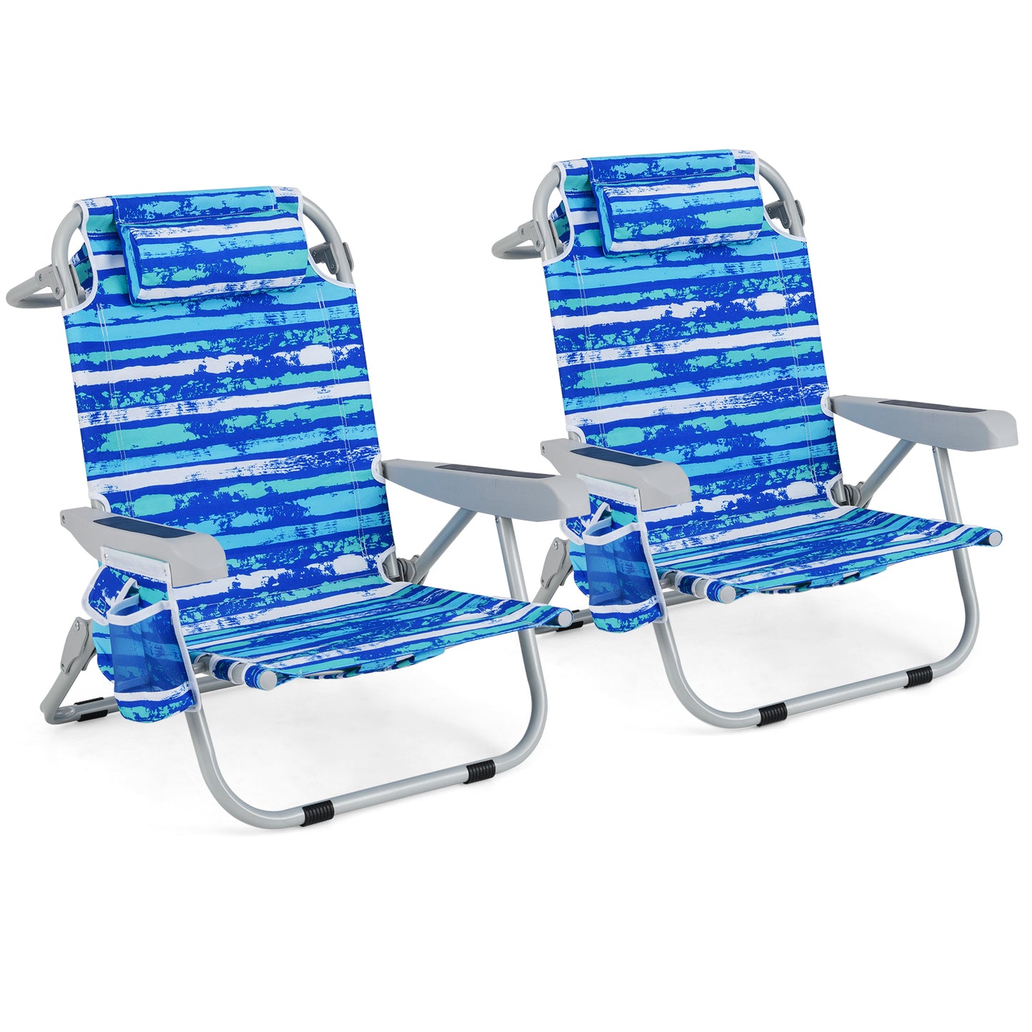 Foldable Backpack Beach Chair with Cup Holder and Storage Pockets Set of 2-Blue - Navy
