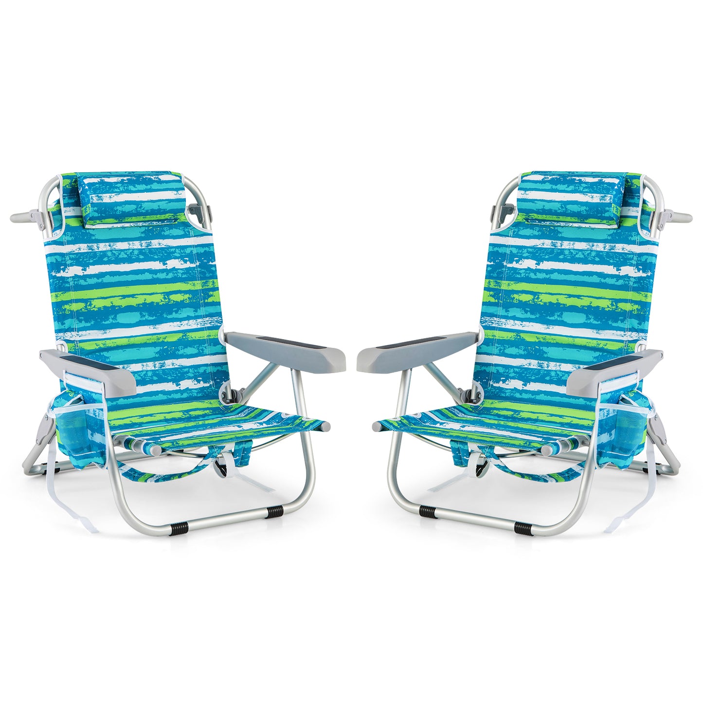 Foldable Backpack Beach Chair with Cup Holder and Storage Pockets Set of 2-Blue - Green