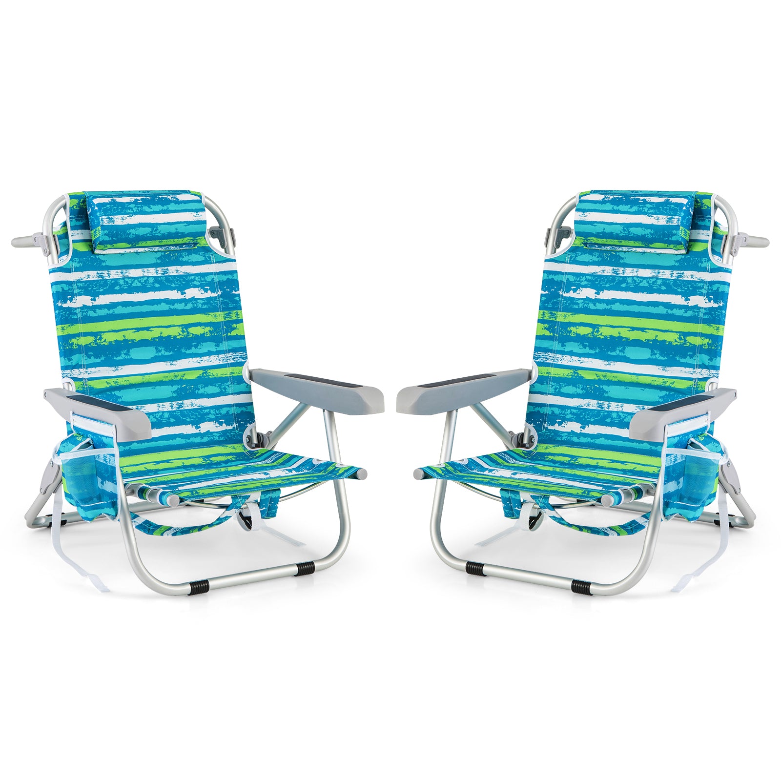 Foldable Backpack Beach Chair with Cup Holder and Storage Pockets Set of 2-Blue - Green