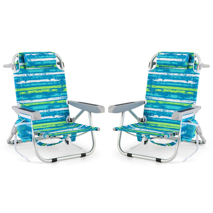 Foldable Backpack Beach Chair with Cup Holder and Storage Pockets Set of 2-Blue - Green