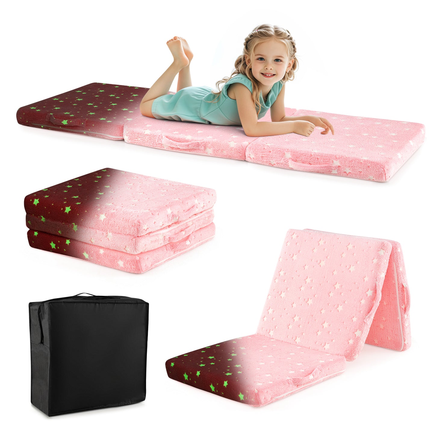 Foldable Floor Mattress for Kids with Washable Flannel Cover-Dark Gray - Pink