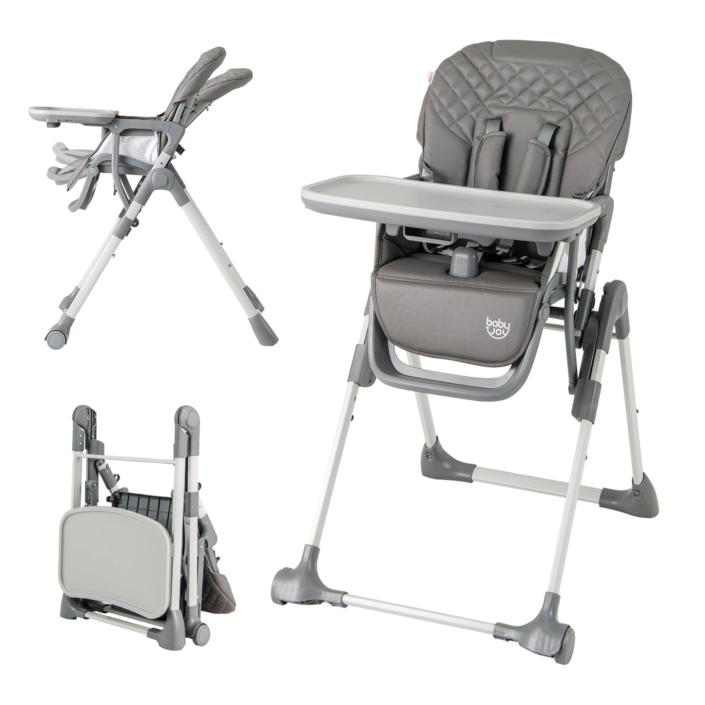 Foldable High Chair with Footrest and Detachable Tray-Beige - Gray
