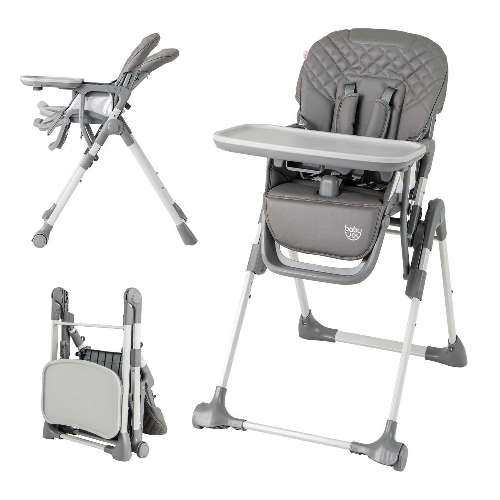 Foldable High Chair with Footrest and Detachable Tray-Beige - Gray