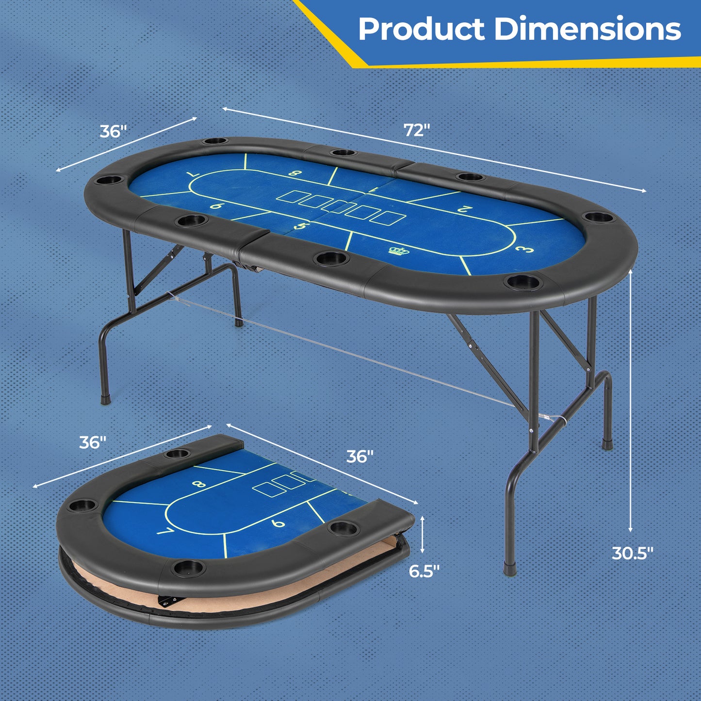 72 x 36 x 30.5 Inch Foldable Poker Table with 8 Cup Holders