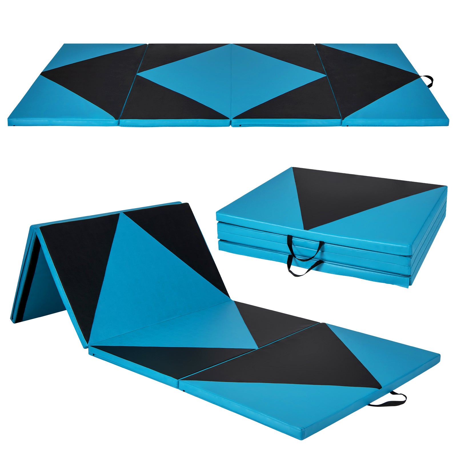4-Panel PU Leather Folding Exercise Gym Mat with Hook and Loop Fasteners-Black & Turquoise - Black & Turquoise