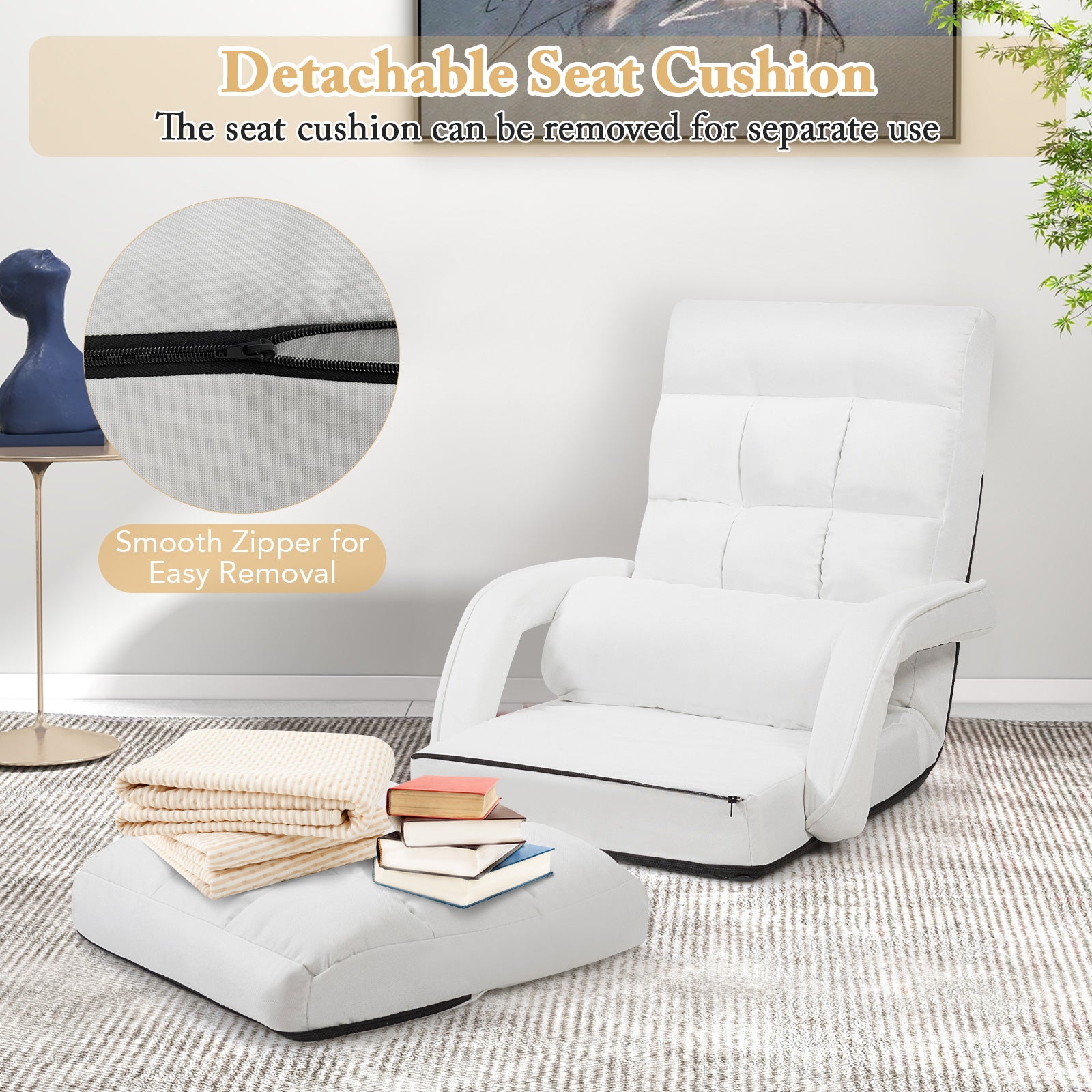Folding Lazy Floor Chair Sofa with 6 Adjustable Position-White