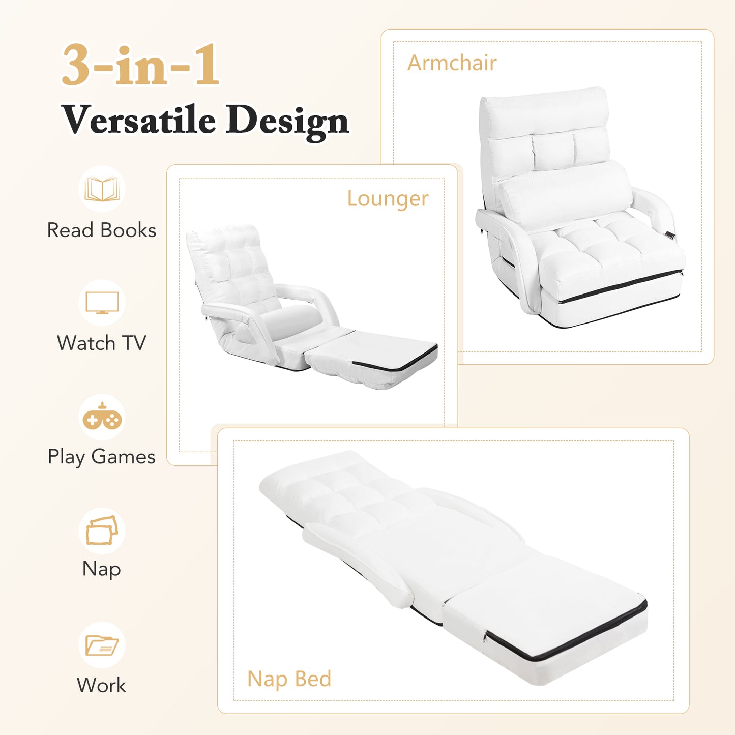 Folding Lazy Floor Chair Sofa with 6 Adjustable Position-White
