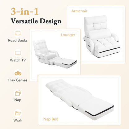 Folding Lazy Floor Chair Sofa with 6 Adjustable Position-White