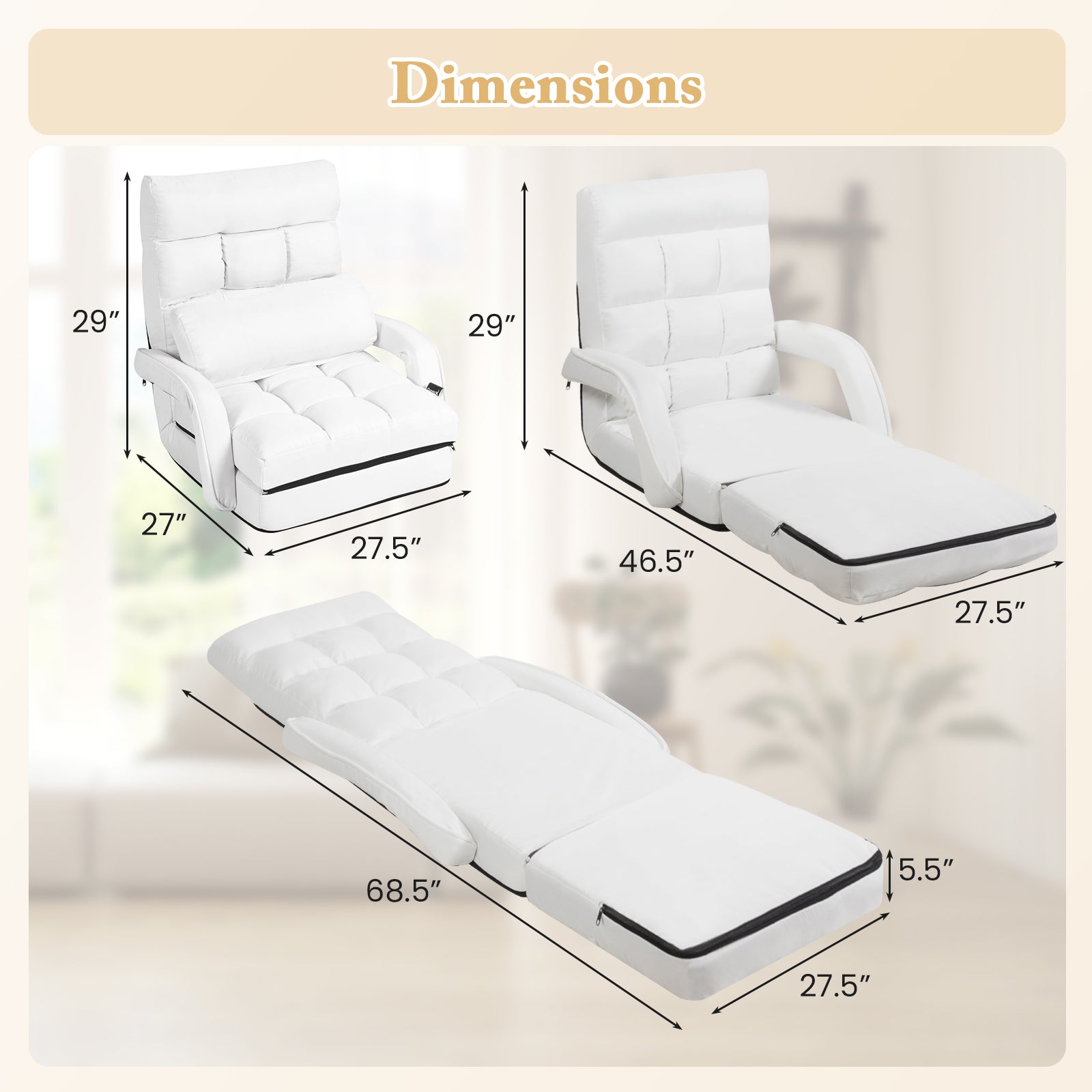 Folding Lazy Floor Chair Sofa with 6 Adjustable Position-White